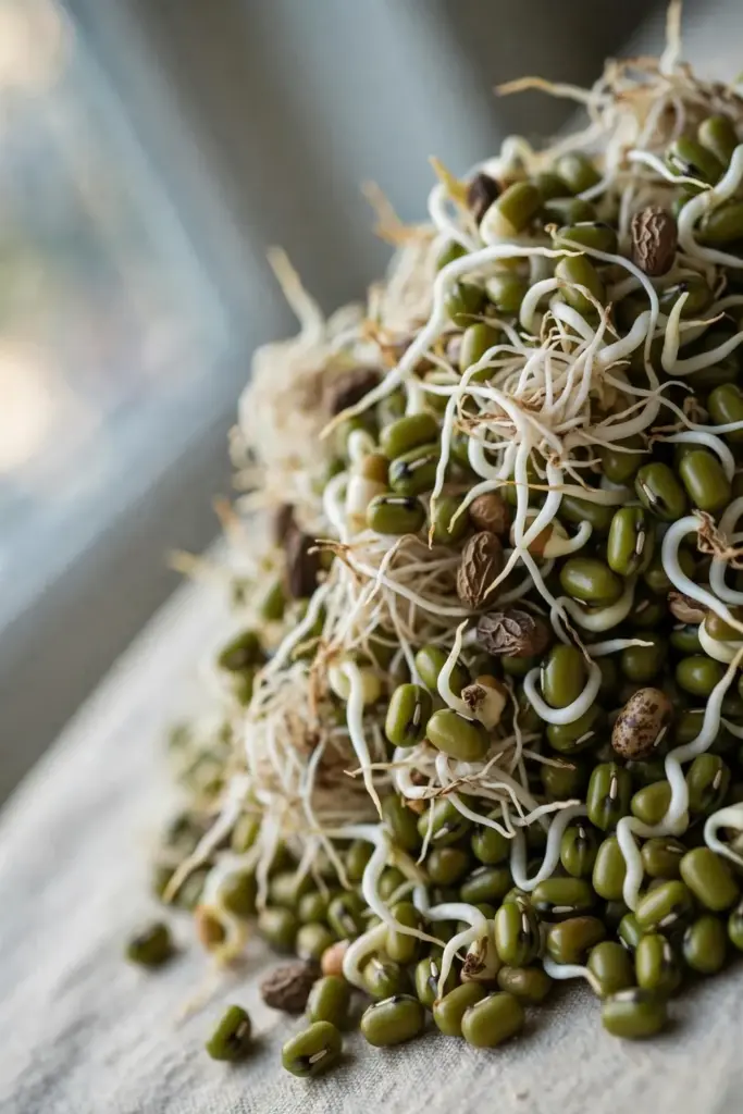 Mung beans sprouting unevenly with some seeds still hard and unsplit