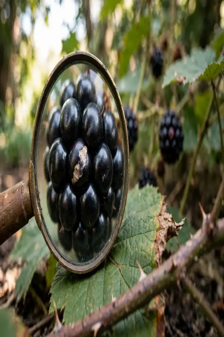 Magnifying glass over a cluster of dark unidentified berries on a leaf