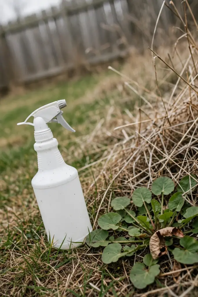 Unmarked spray bottle standing on Buffalo turf beside broadleaf weeds
