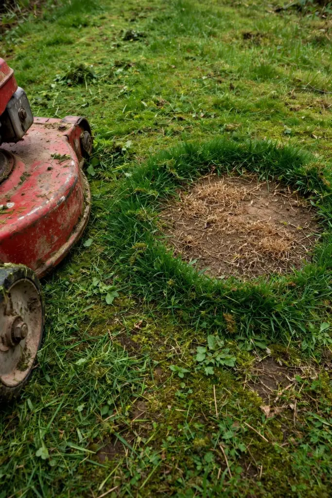 Brown lawn spot with a dark green ring beside a rotary mower