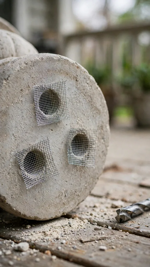 The base of an urn showing drilled drainage holes covered with wire mesh