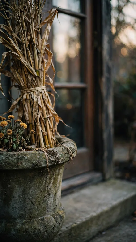 A corn stalk bundle anchored upright in a heavy urn by a door