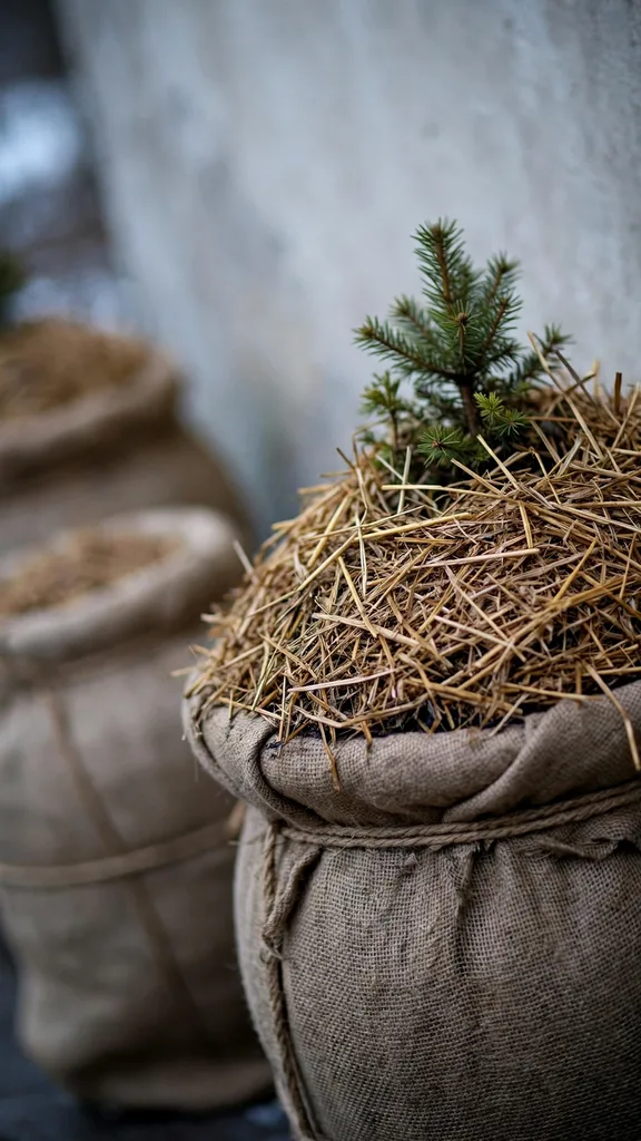 An urn wrapped in burlap with deep mulch over its soil surface