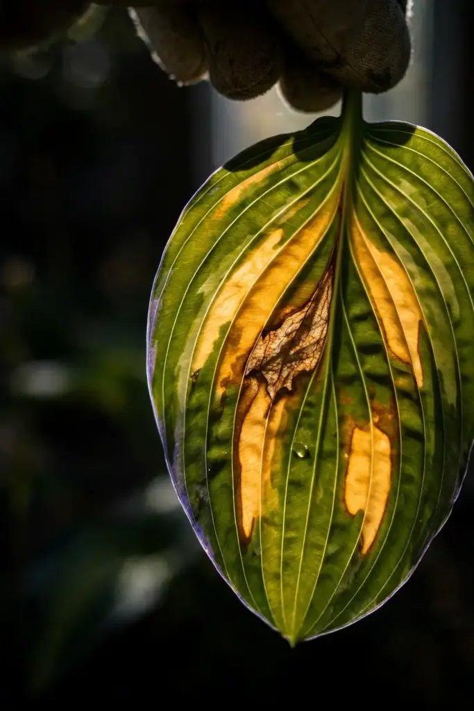 Hosta leaf held to light showing blotches bounded by veins.