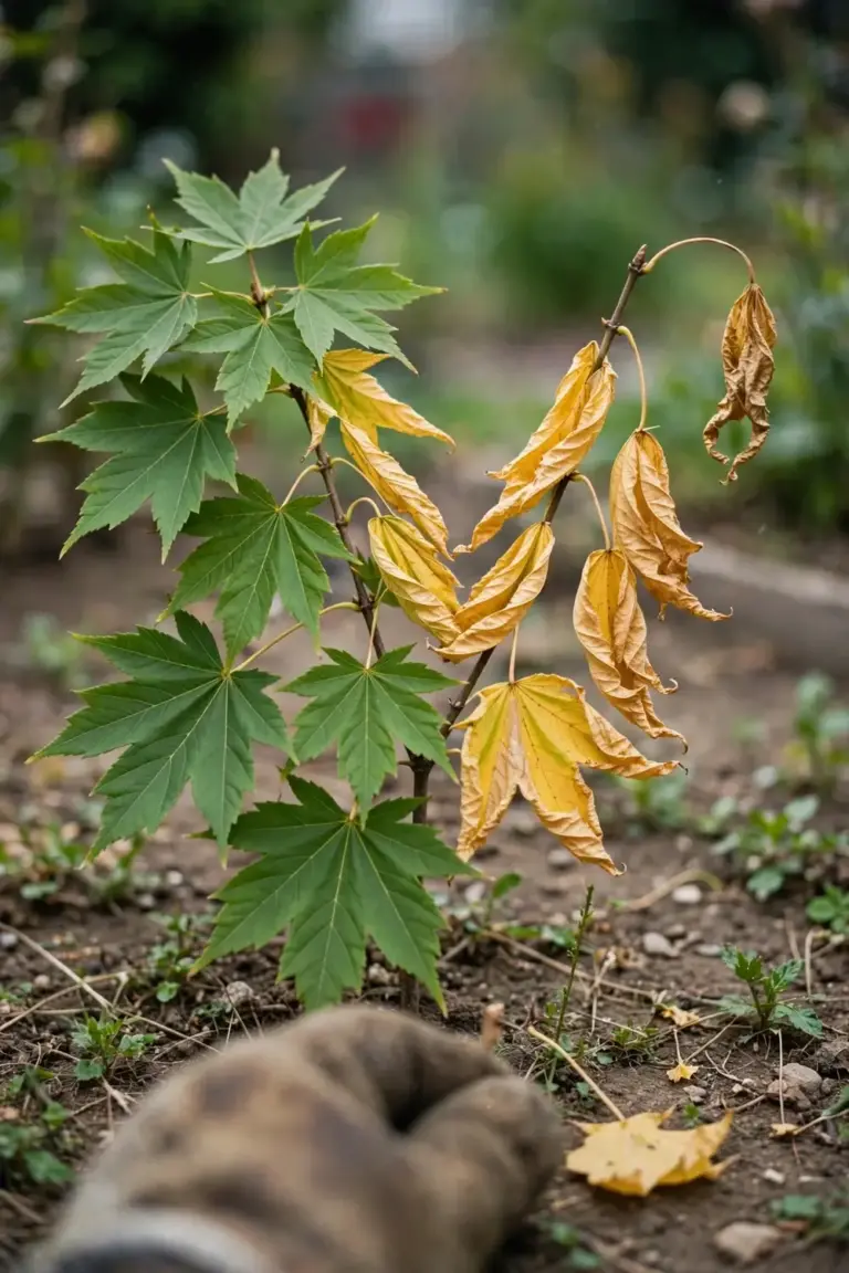 Maple branch wilting one-sided from Verticillium with V-shaped yellow leaves and brown stem base