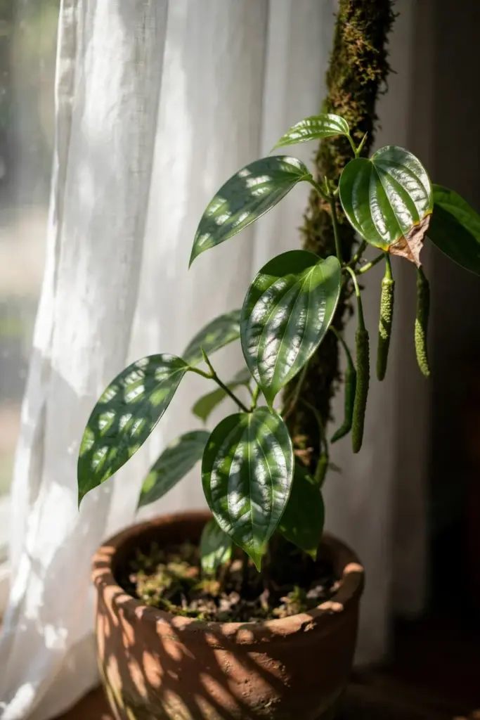 Javanese long pepper vine in bright filtered light behind a sheer curtain