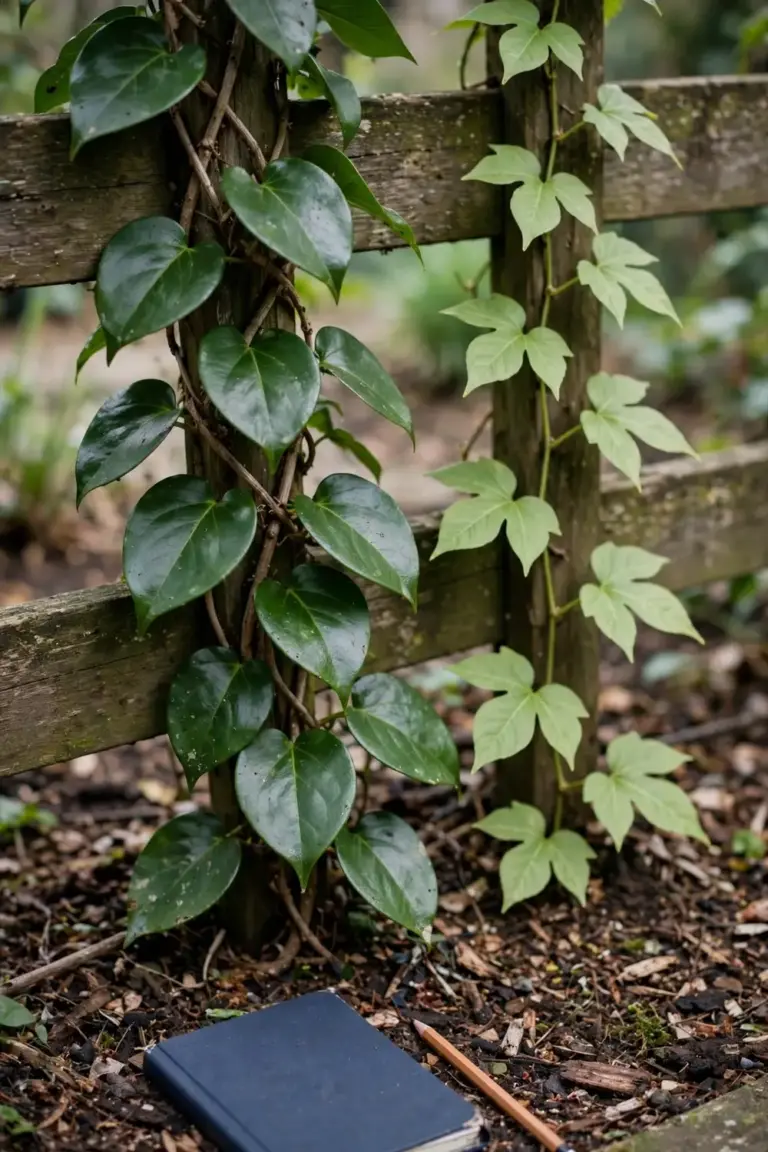 Two different climbing vines with contrasting leaves growing side by side on a fence