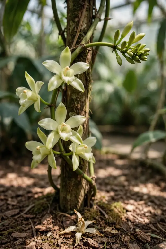Mature vanilla vine with multiple open flowers on its post