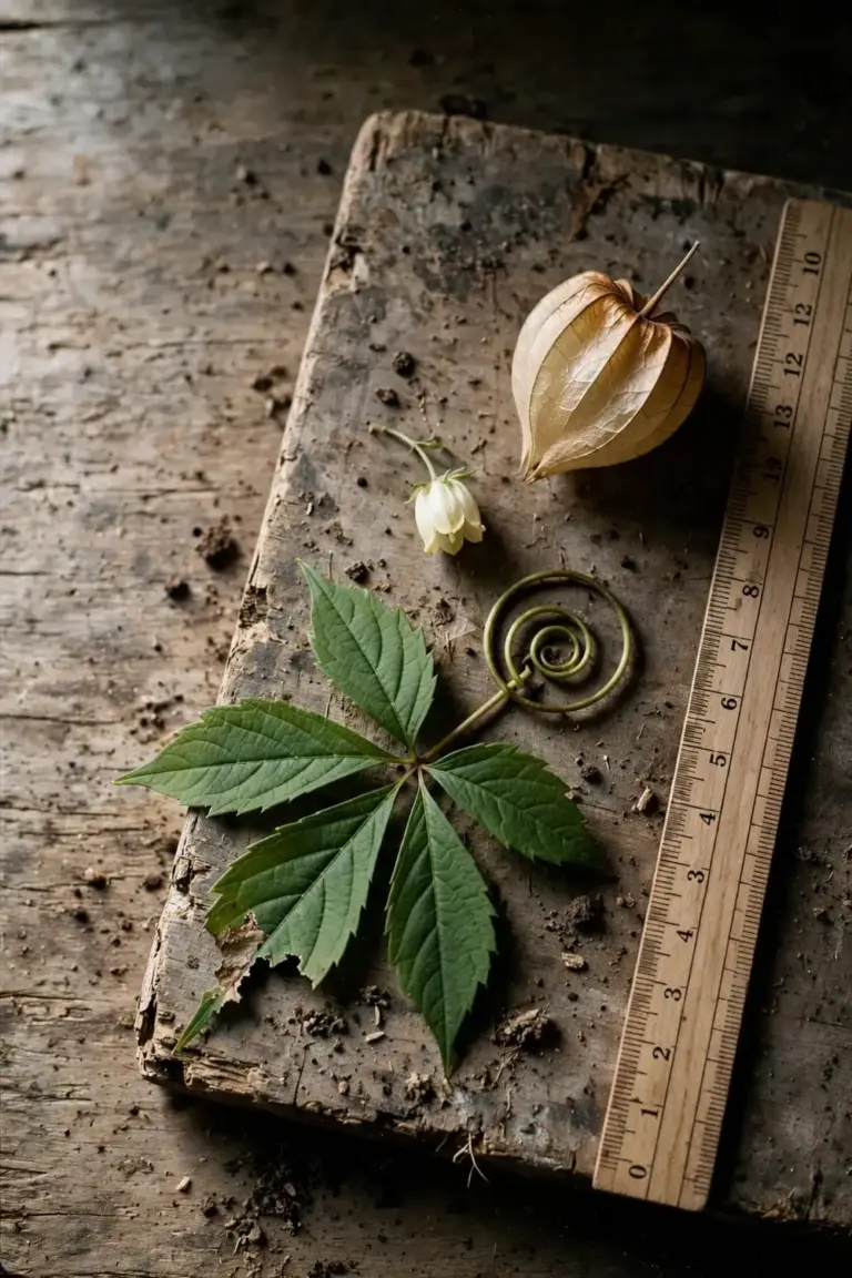Vine leaf, flower, and fruit laid beside a ruler on a timber board