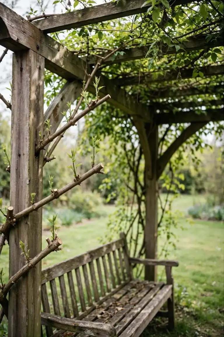 Pruned climbing vine regrowing along a garden pergola beam
