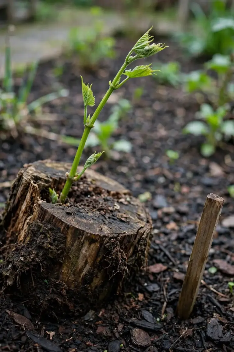 Fresh green vine shoot regrowing from an old treated stump