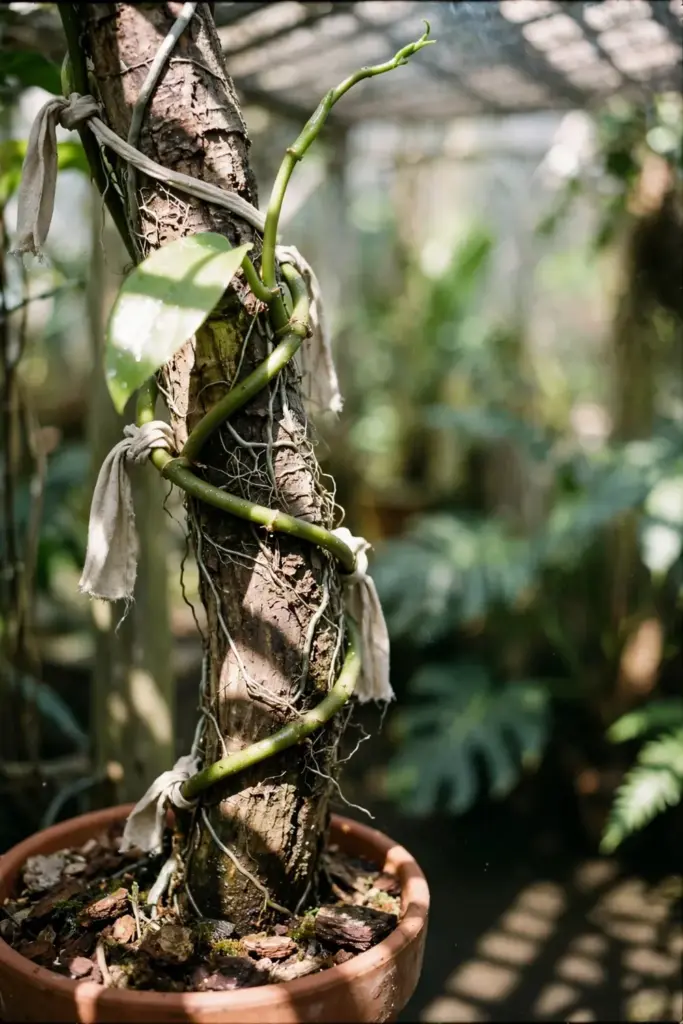 Young vanilla vine spiraling up a bark-covered support post