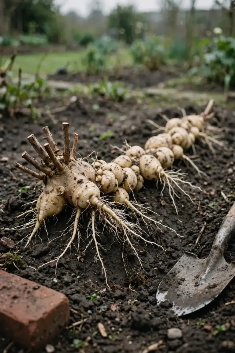 Chain of pale vine tubers dug from dark garden soil with a spade nearby