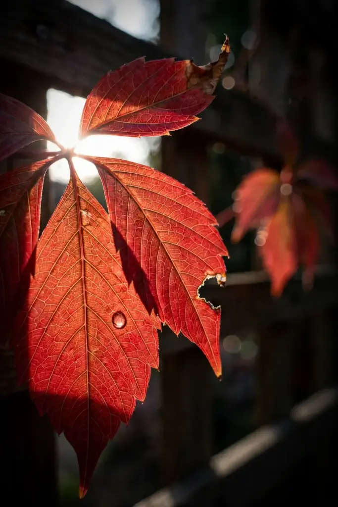 Virginia creeper leaf in scarlet backlit on a garden trellis