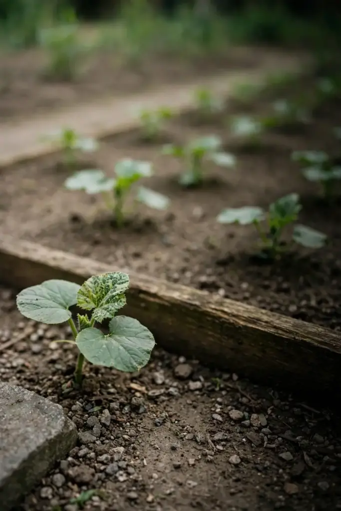 Volunteer squash seedling sprouting in a garden path.
