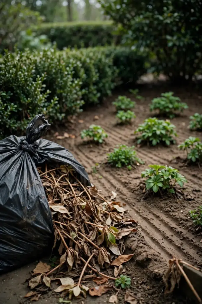Bagged diseased pachysandra beside a freshly raked clean bed.