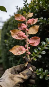 Boxwood branch with salmon pink Volutella blight pads, steadied by a worn garden mitt