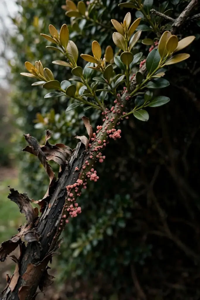 Boxwood stem canker with loose bark and dark wood beneath.