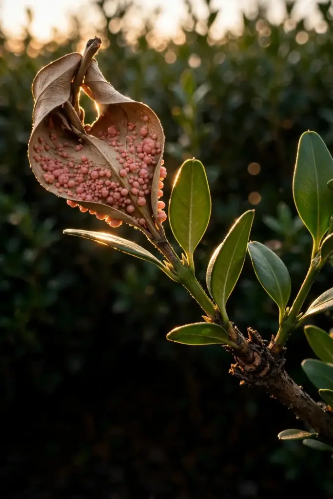Cupped tan boxwood leaf still attached to its branch after dieback.
