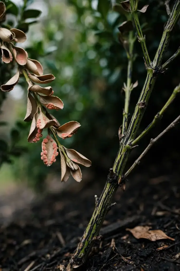 Two boxwood branches compared: cupped attached leaves versus bare dropped stems.