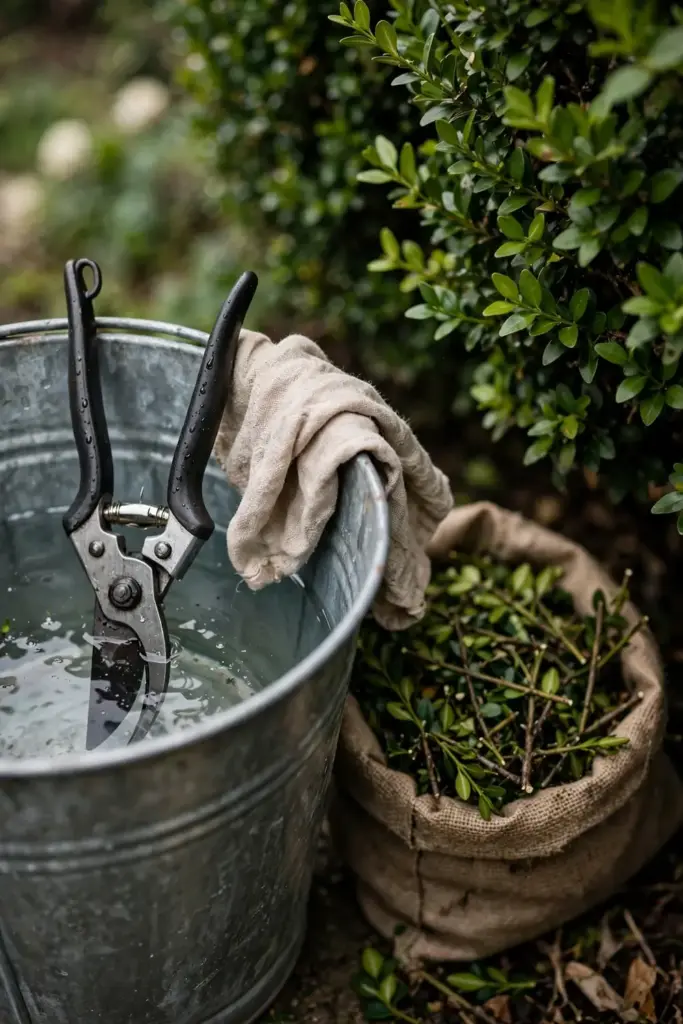 Pruning shears resting in a bucket of disinfectant beside a boxwood shrub.