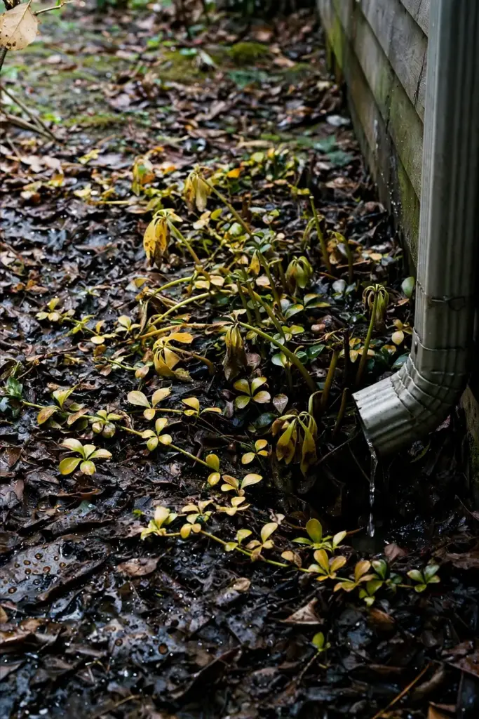 Pachysandra bed under a thick damp leaf mulch holding moisture on stems.