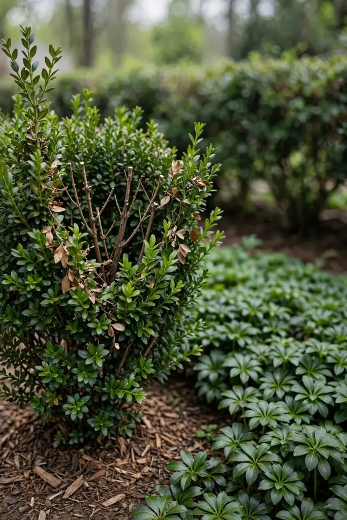 Boxwood shrub living with pruned damage, healthy growth filling around the gap.