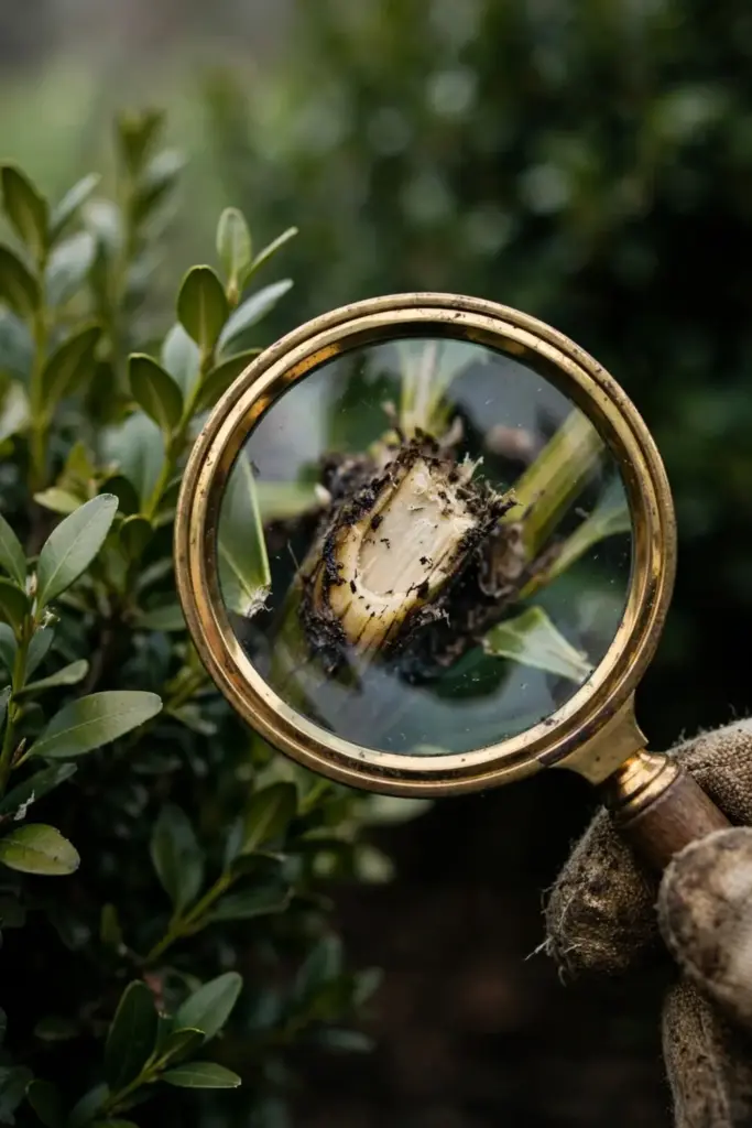 Magnifying glass over a boxwood pruning wound, handle gripped by a worn garden mitt.