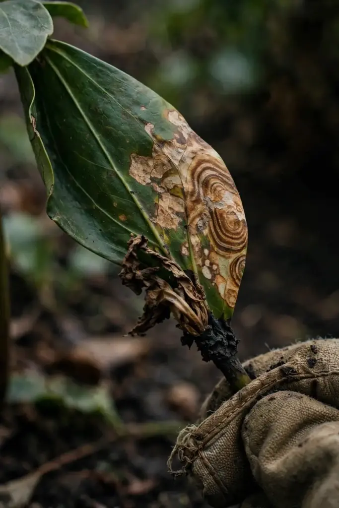 Pachysandra leaf with tan concentric-ring lesions, held by a worn garden mitt.