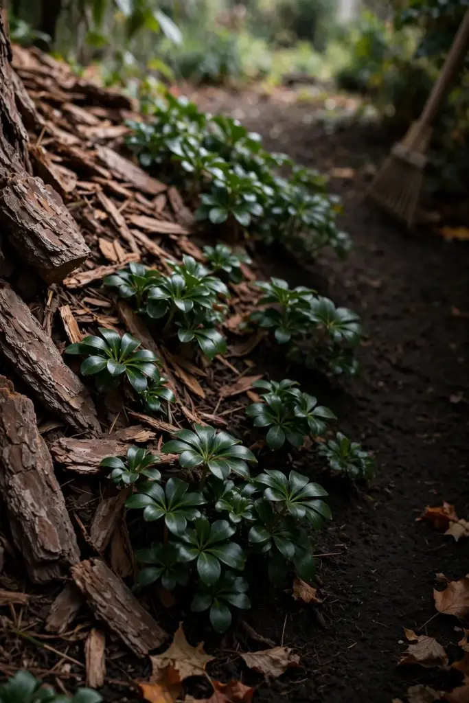 Pachysandra bed with a thin layer of pine bark chips over clean raked soil.