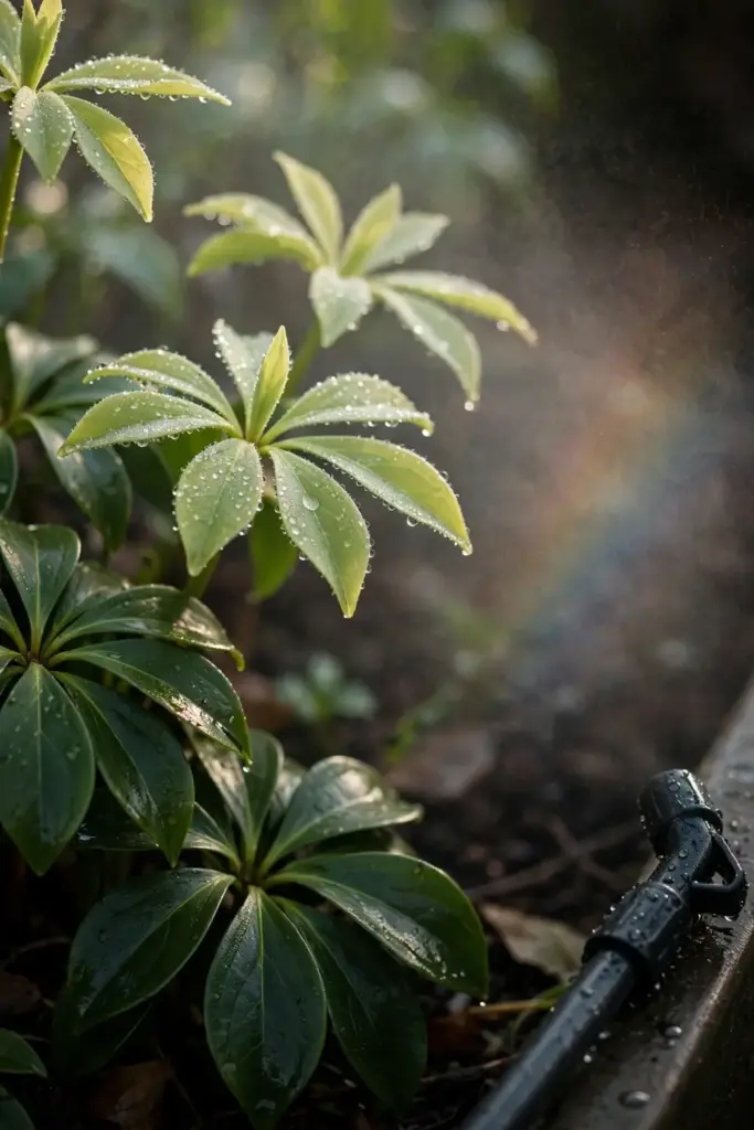 Fine spray mist over new spring pachysandra growth from a sprayer wand.