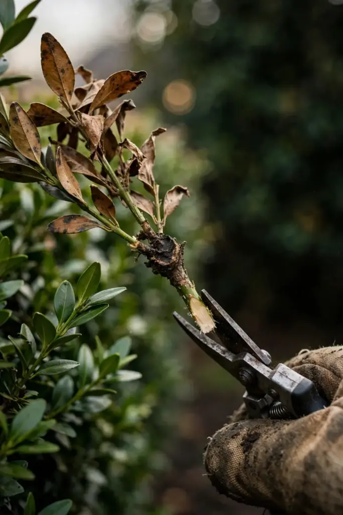 Worn garden mitt holding a diseased boxwood branch while shears cut below the canker.