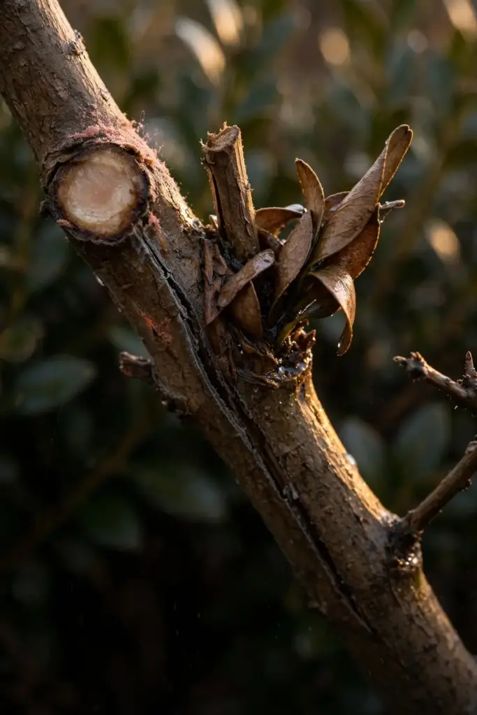 Boxwood pruning wound and dead shoot stub at a leaf-clogged branch crotch.