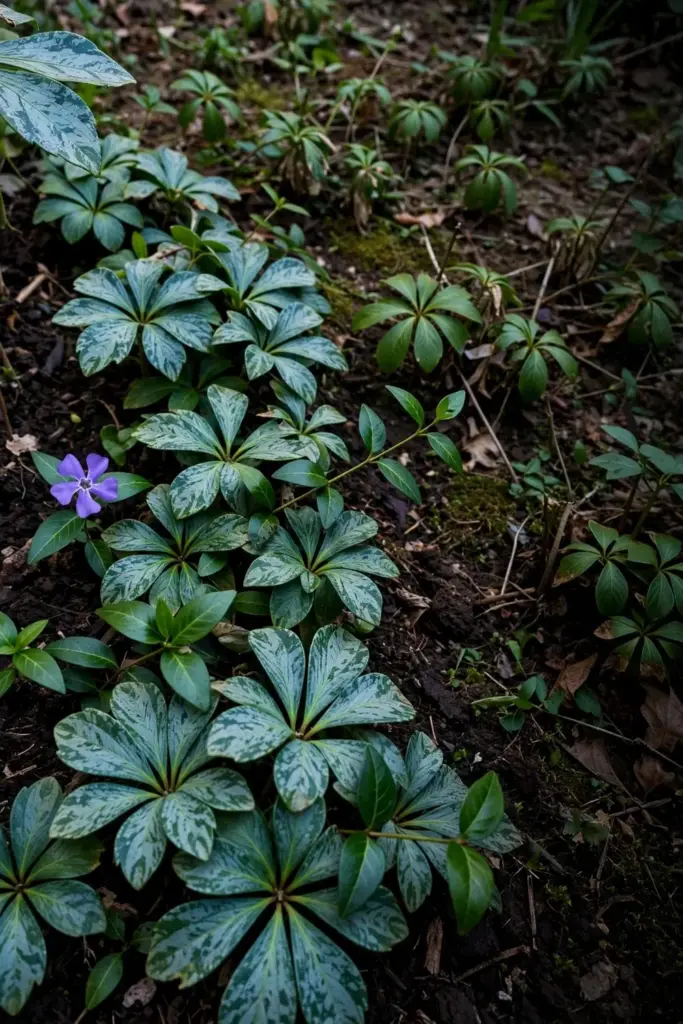 New Allegheny pachysandra and periwinkle planting beside an old pachysandra bed.