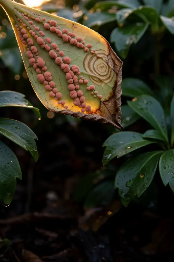 Salmon pink fungal pads on the underside of a pachysandra leaf.