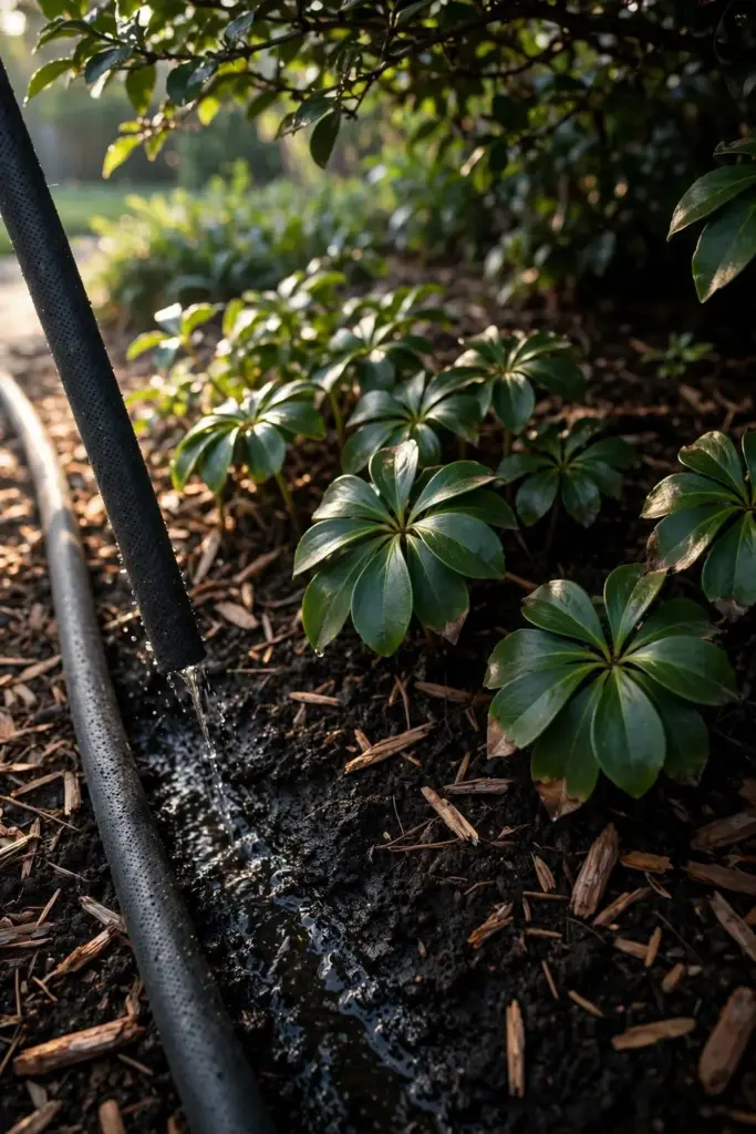 Soaker hose watering pachysandra at the soil line in early morning light.
