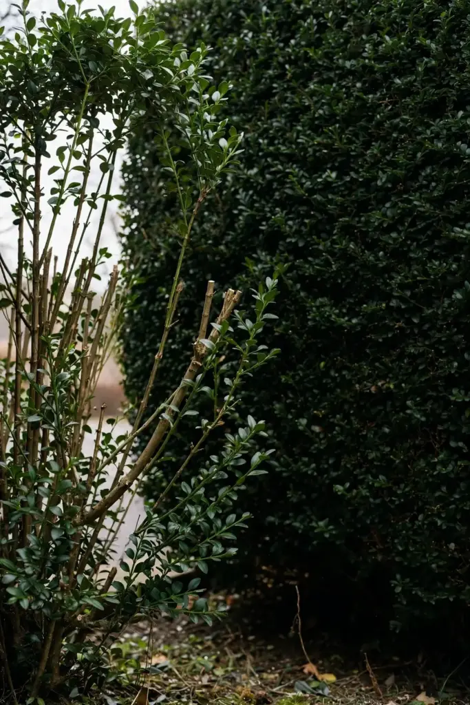 Thinned boxwood shrub with open airy interior beside a dense sheared hedge.