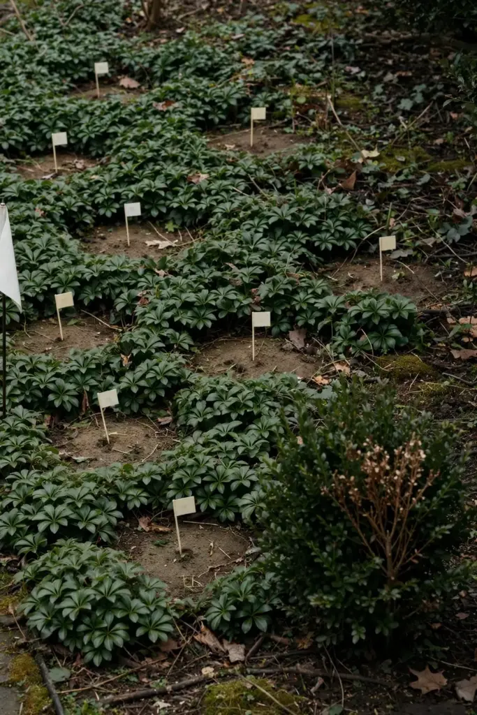 Pachysandra bed with scattered dead patches marked by small flags for triage.