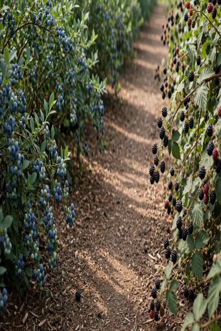 Garden path between berry bushes in morning light with mixed ripe fruit