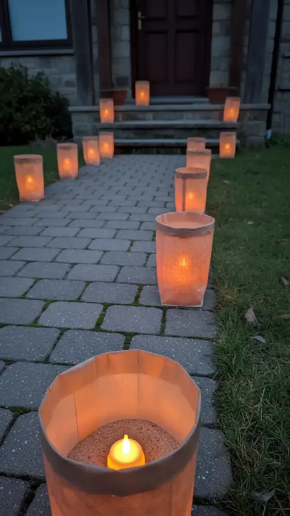 Paper bag luminaries glowing along both edges of a walkway at dusk