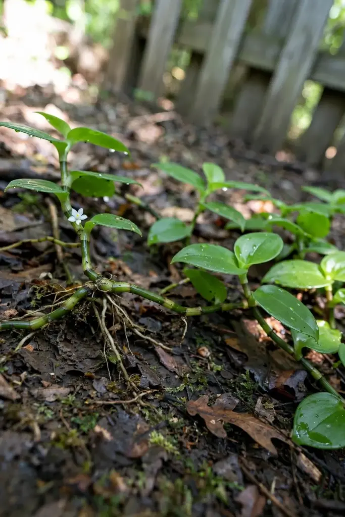 Wandering trad jointed stems with glossy leaves rooting in damp shade