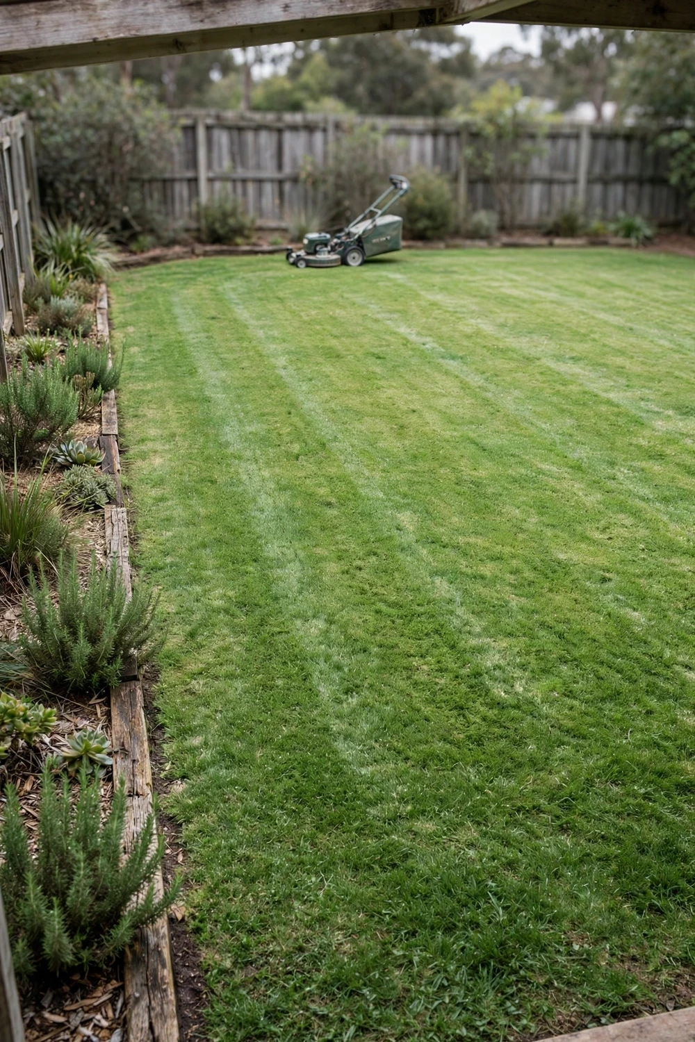 Wide Australian backyard lawn with a mowed green surface and garden beds at the edges