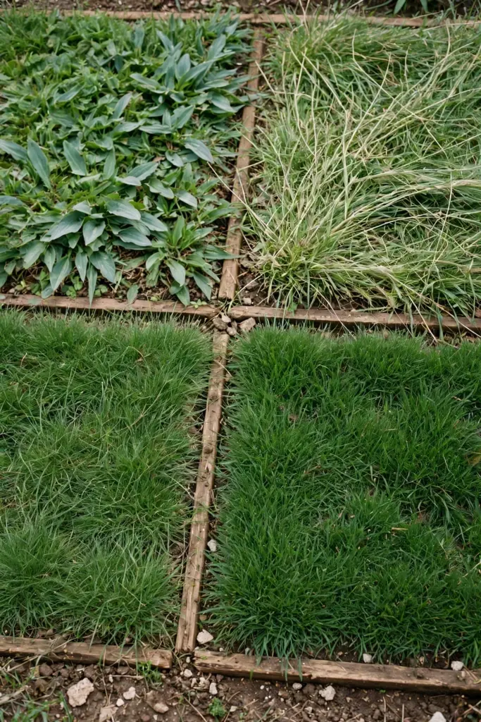 Four turf patches side by side showing broad buffalo, runner kikuyu, fine couch, and dense zoysia