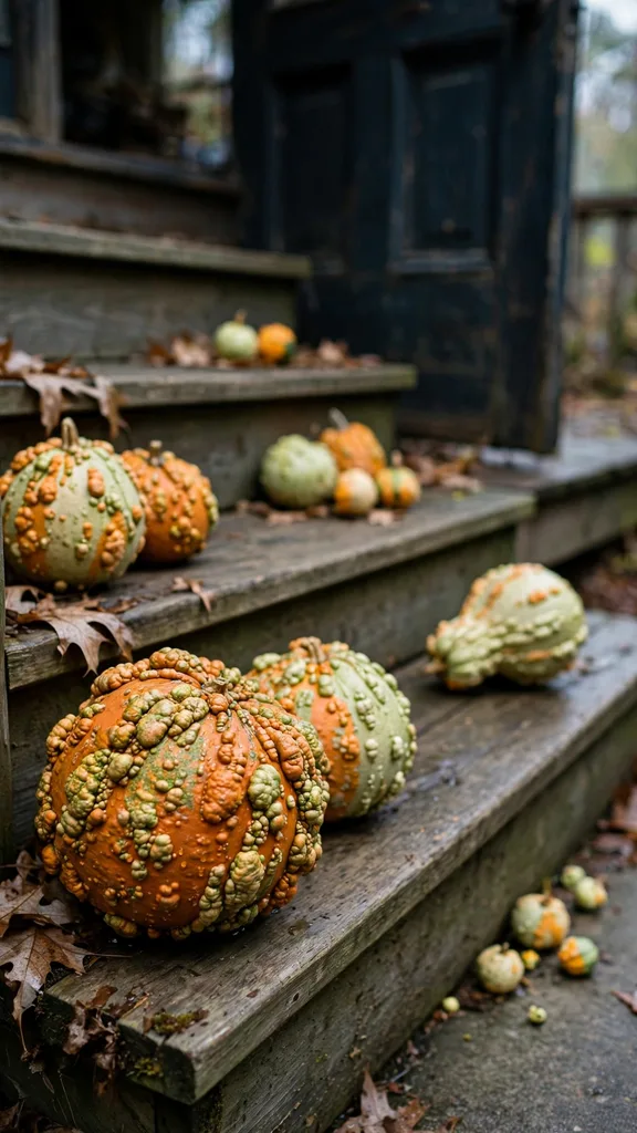 Warty gourds in graduated sizes arranged down porch steps