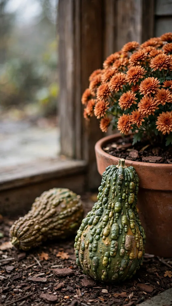 Warty gourds nestled at the base of a potted mum by a front door