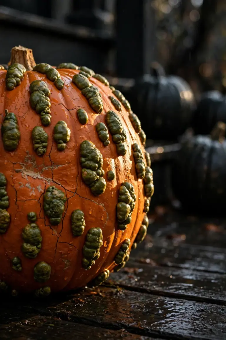 Uncarved 'Knucklehead' pumpkin covered in green warty bumps on a dark porch
