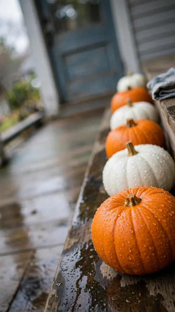 Washed pumpkins drying on clean boards on a porch