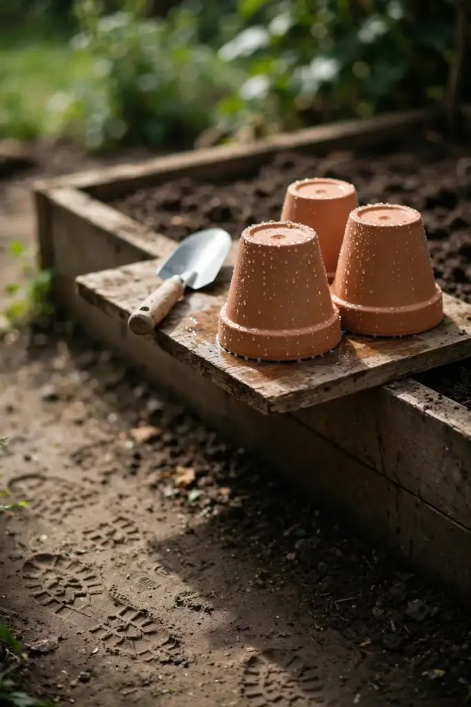 Washed pots drying upside down on a board beside a clean garden bed.