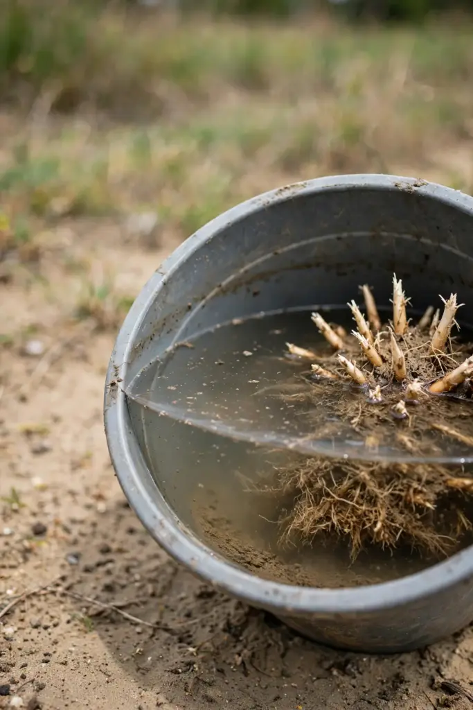 Washed corn roots in a bucket of water with stubby tips above the waterline.