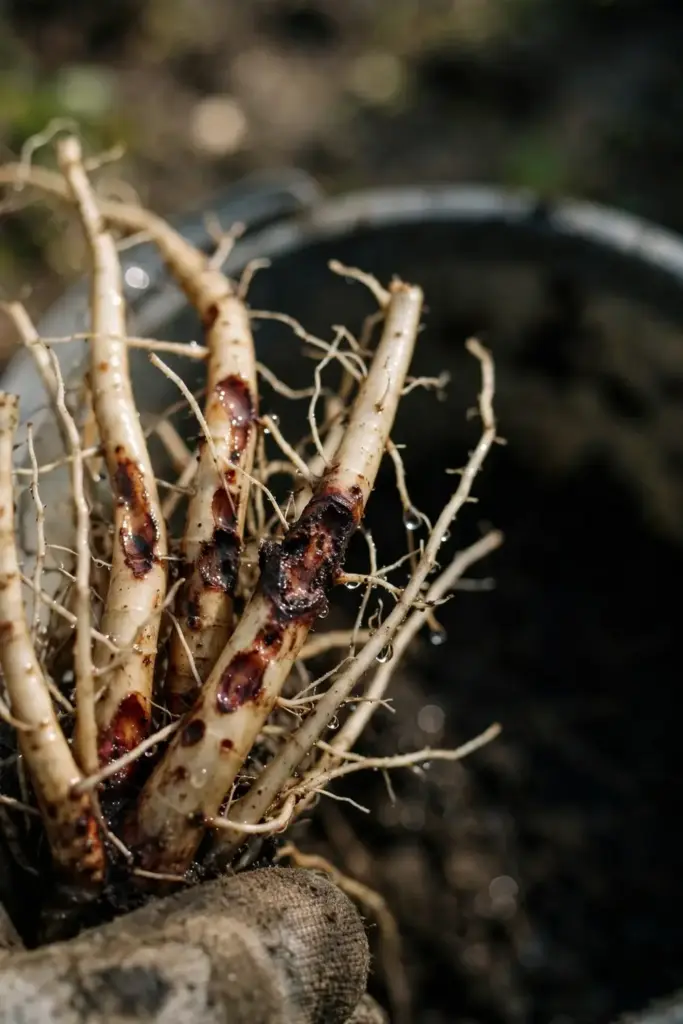 Washed roots with dark sunken lesions and pruned feeder roots.